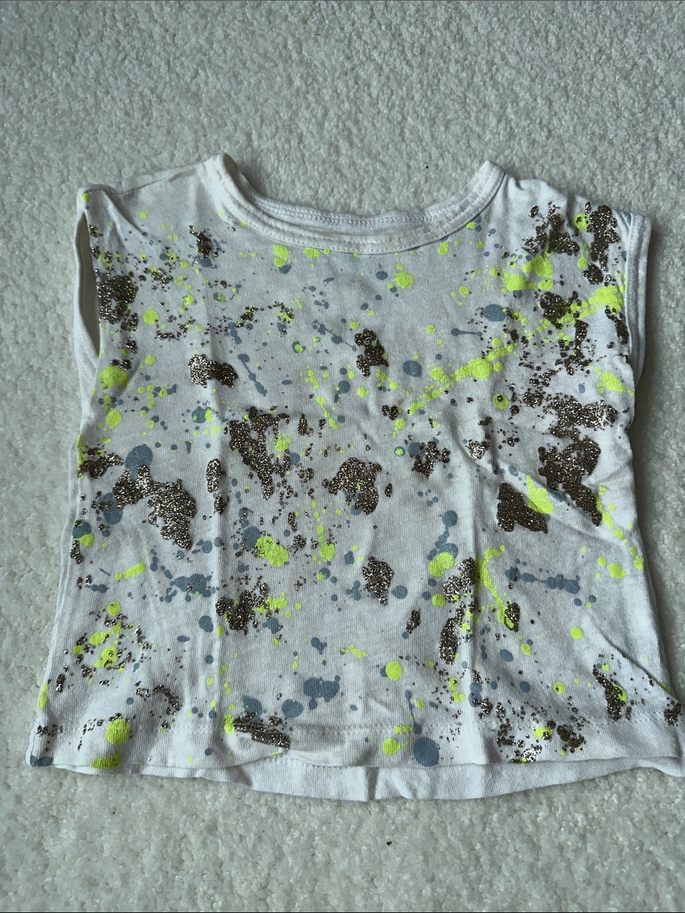 J. Crew White Short Sleeve Tee with Neon Yellow and Gold Splatter